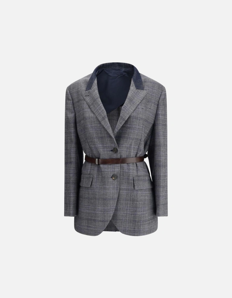 Prince of Wales Pattern Blazer with Denim Collar Women - Gray Suits