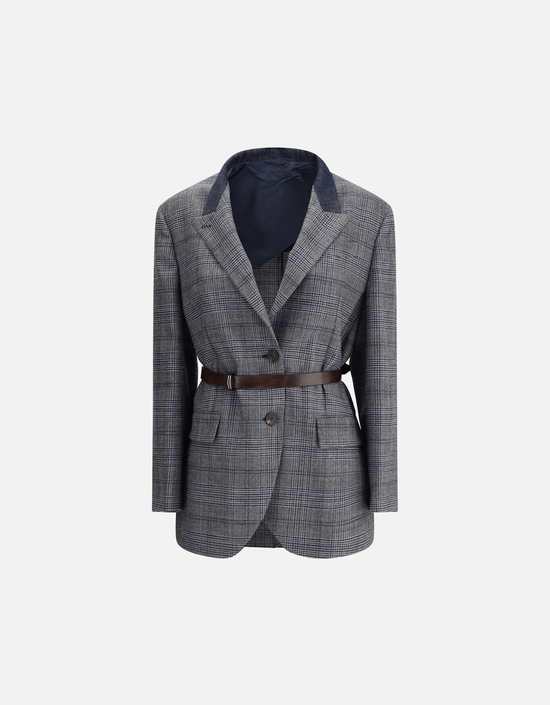 Prince of Wales Pattern Blazer with Denim Collar Women - Gray Suits, 4 of 3