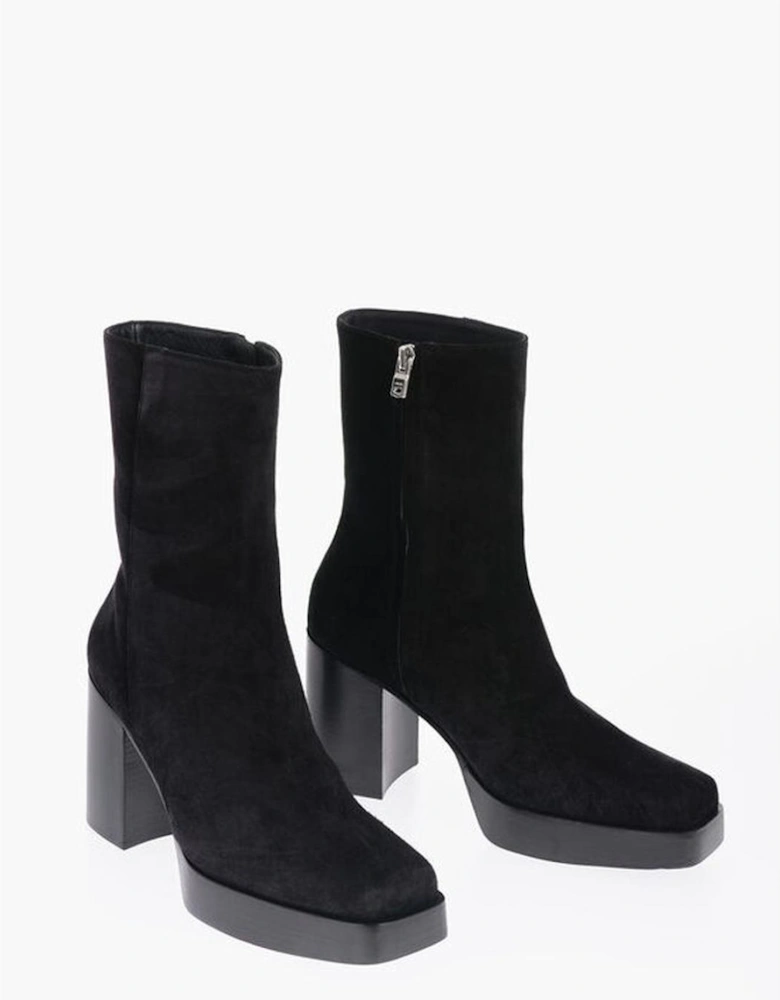 Suede Square Toe Wooden Heel Boots Women - Black
