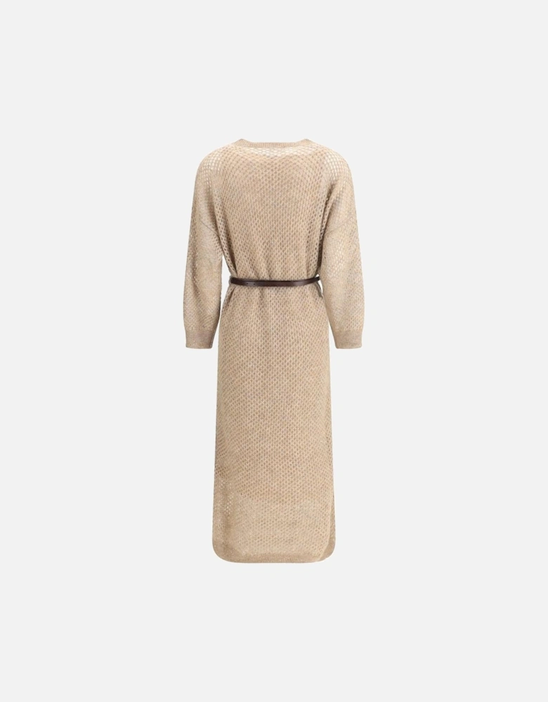 Perforated Long Dress with Adjustable Leather Belt Women - Beige