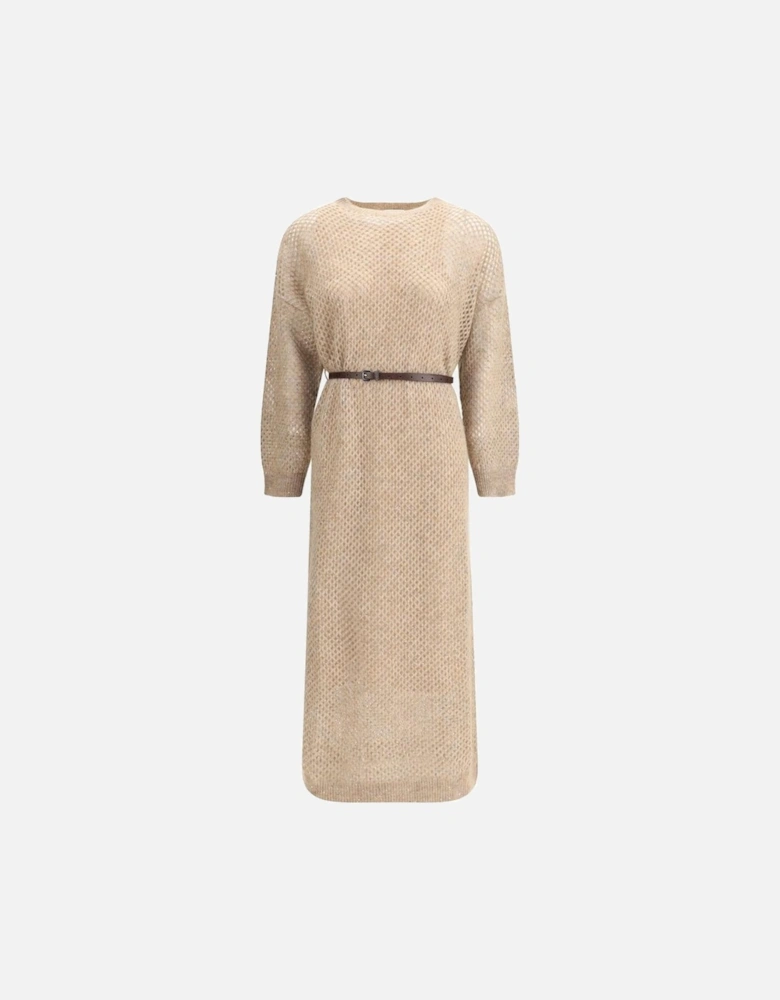 Perforated Long Dress with Adjustable Leather Belt Women - Beige