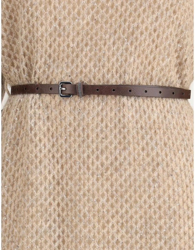 Perforated Long Dress with Adjustable Leather Belt Women - Beige