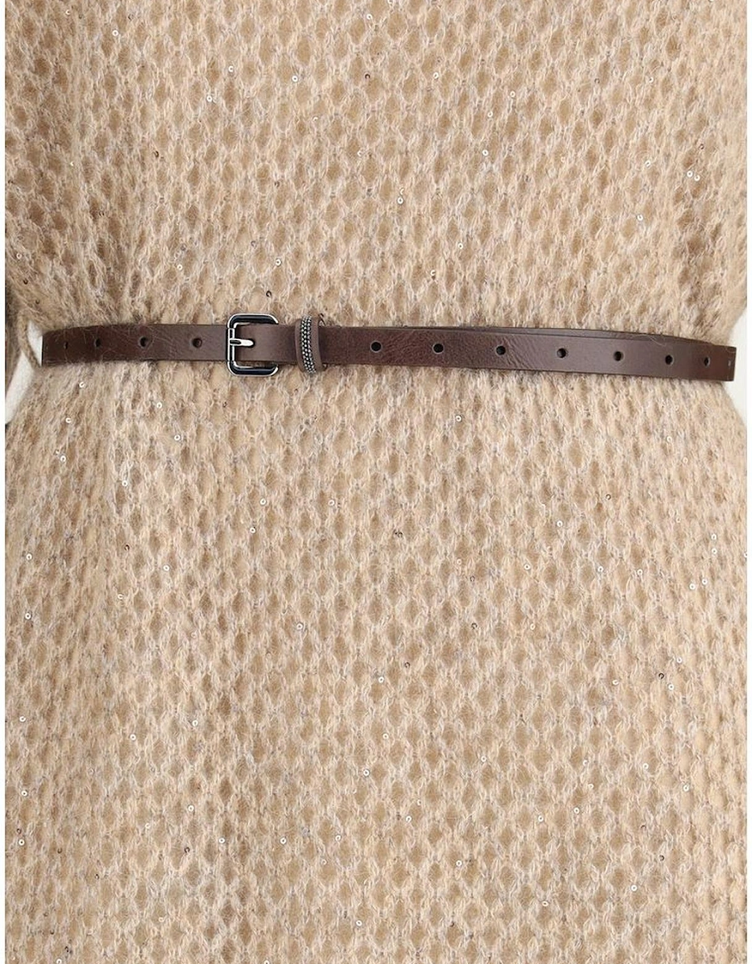 Perforated Long Dress with Adjustable Leather Belt Women - Beige