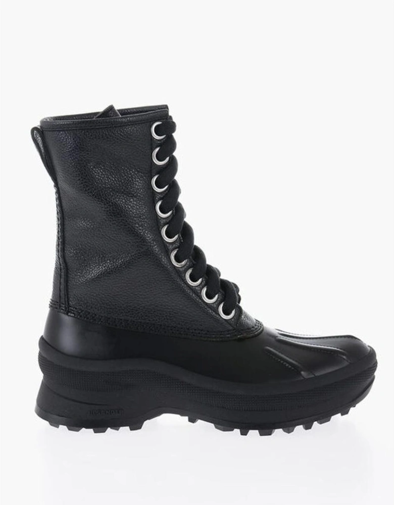 Leather Lace-Up Calf High Boots Women - Black