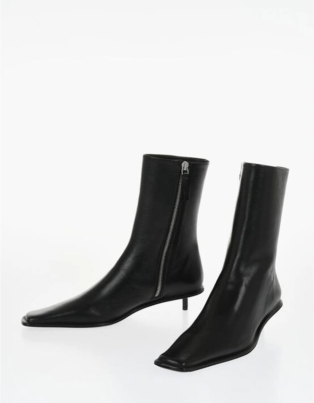Square Toeline Leather Stiletto Heels Women - Black Boots, 6 of 5