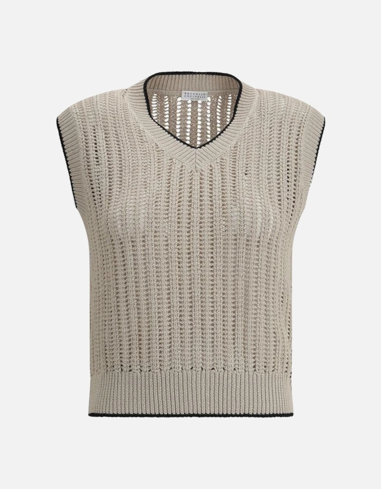 Loose-Knit V-Neck Gilet with Contrasting Piping Women - Beige Suits