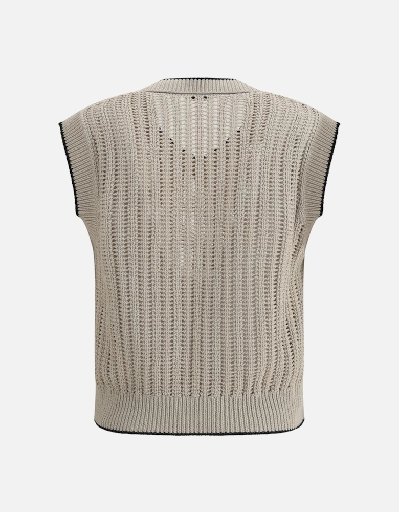 Loose-Knit V-Neck Gilet with Contrasting Piping Women - Beige Suits