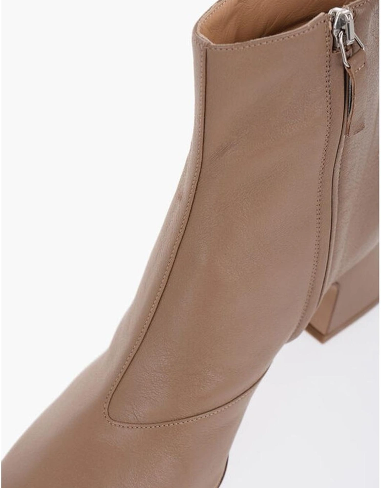 Square Heel Printed Leather Ankle Boots Women - Brown