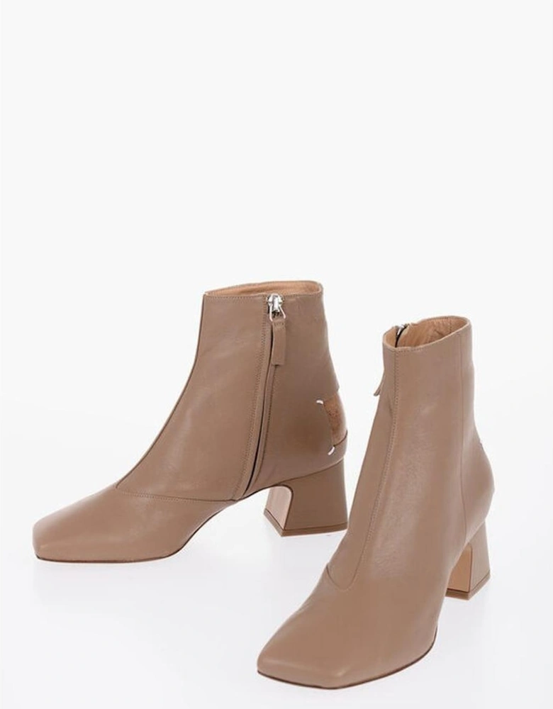 Square Heel Printed Leather Ankle Boots Women - Brown