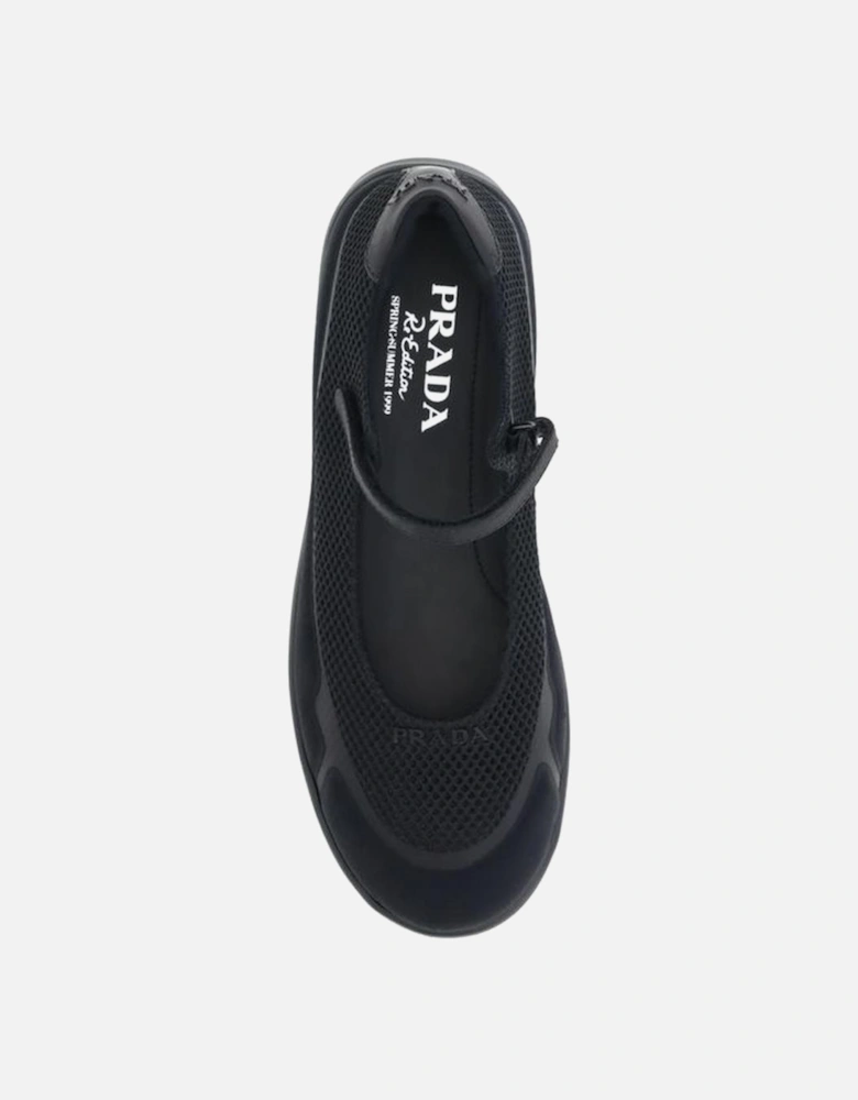 Mesh Ballerinas with Velcro Strap and Embossed Logo Women - Black Flat