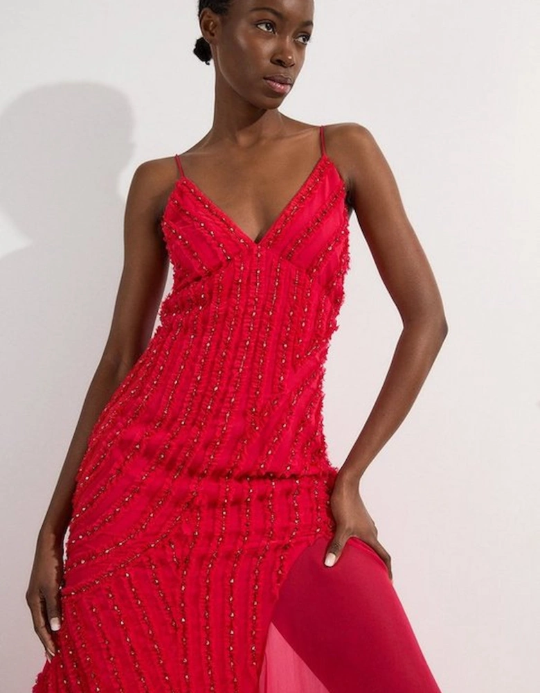 Embellished Ruffle Strappy Woven Maxi Dress