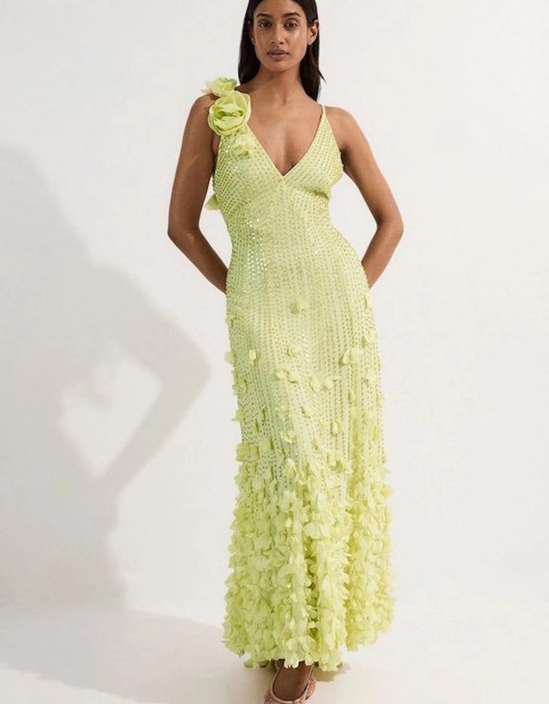 Crystal Applique Strappy Rosette Woven Maxi Dress