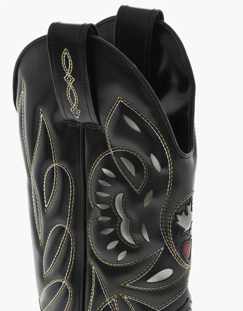 Embroidery Zip Boots with Leather Sole Women - Black