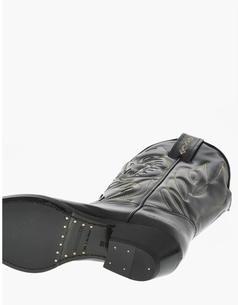 Embroidery Zip Boots with Leather Sole Women - Black
