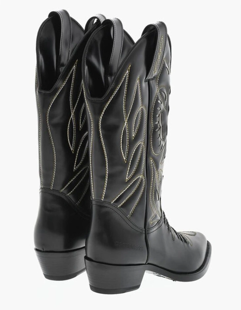 Embroidery Zip Boots with Leather Sole Women - Black