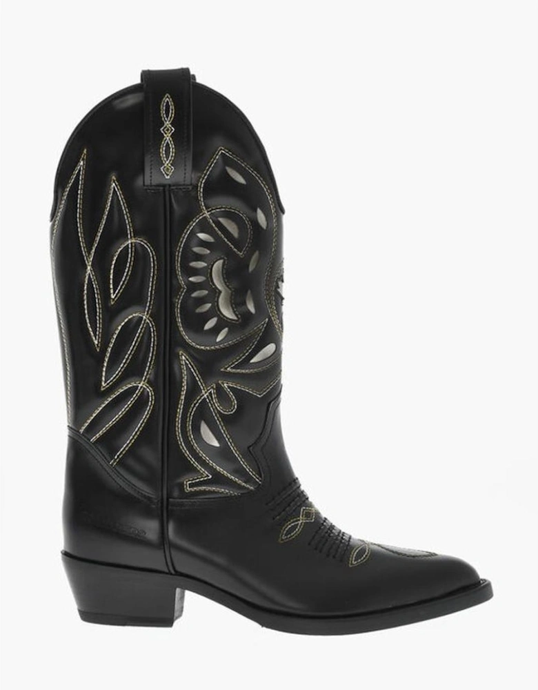 Embroidery Zip Boots with Leather Sole Women - Black