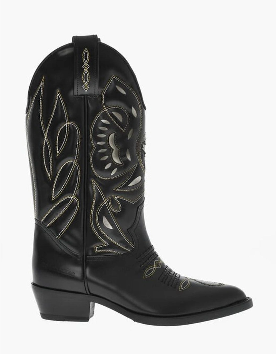 Embroidery Zip Boots with Leather Sole Women - Black