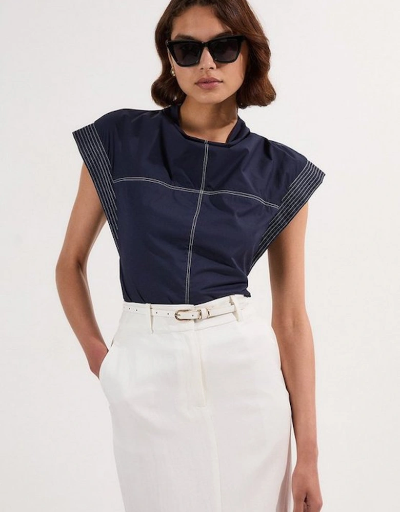 Top Stitch Cotton Poplin Open Back Woven Top