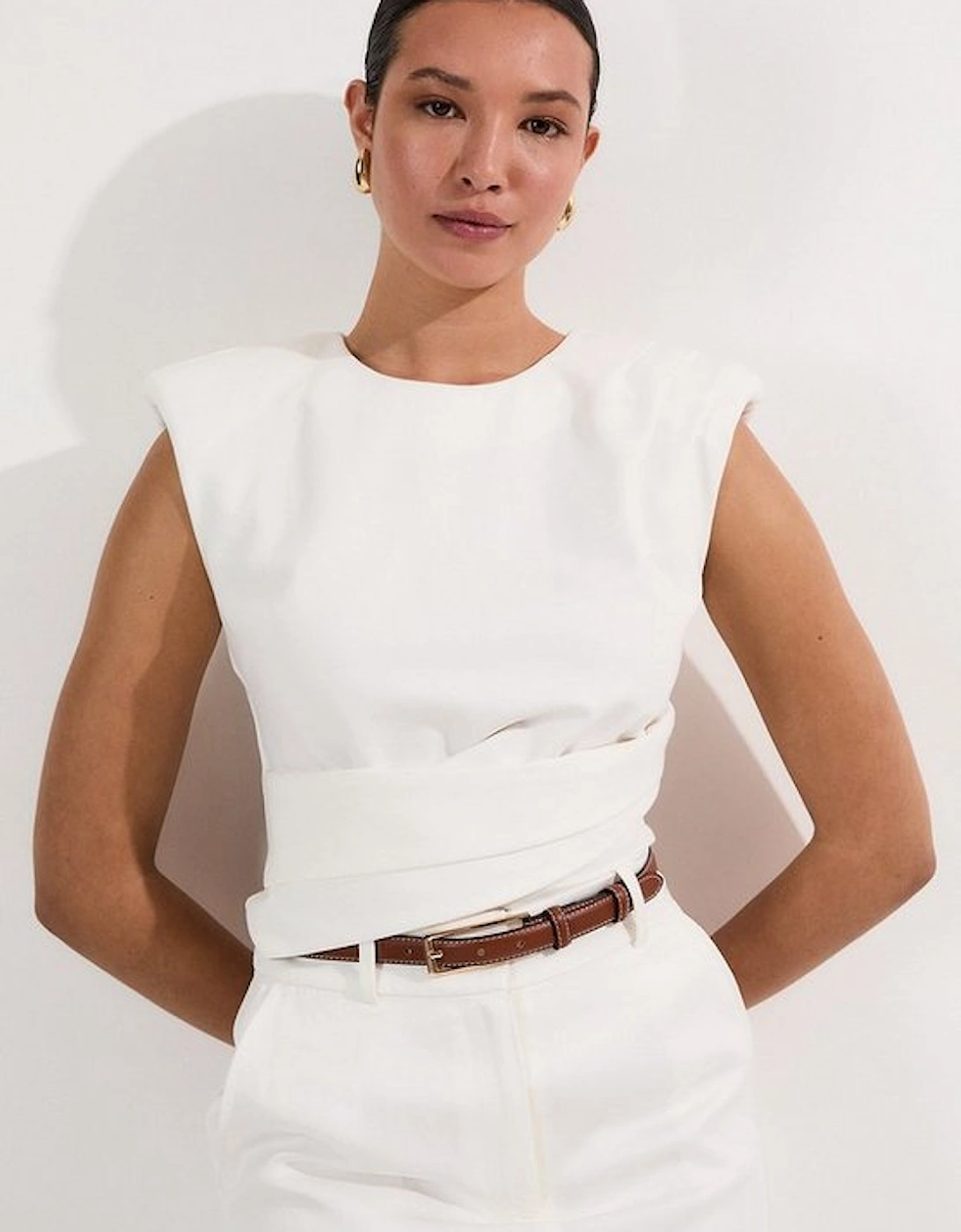 Ponte Ruched Waist Detail Round Neck Top, 5 of 4