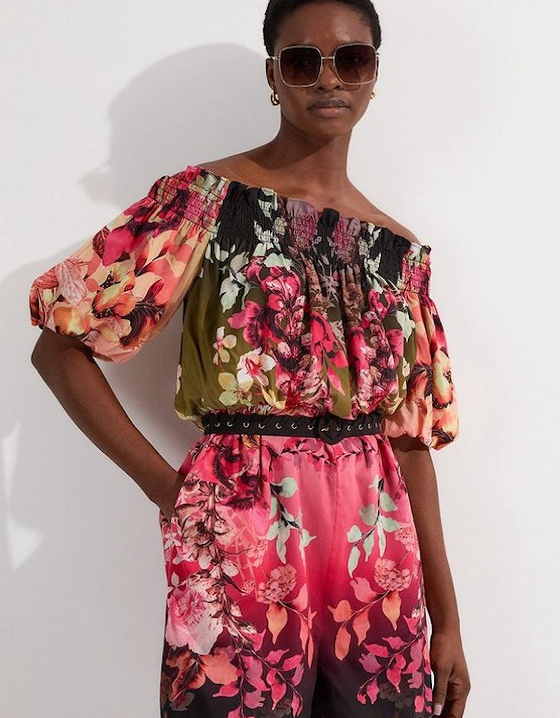 Voile Mirrored Floral Woven Bardot Playsuit, 2 of 1