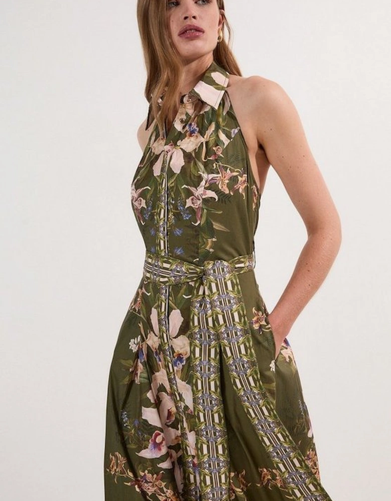 Tall Cotton Sateen Floral Woven Halter Neck Waist Maxi Dress
