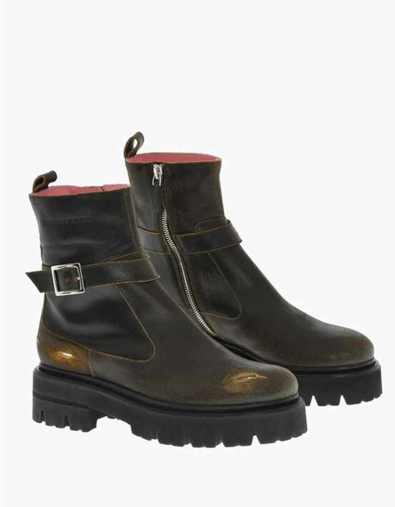 Rugged Sole Buckle Round Toe Boots Women - Brown