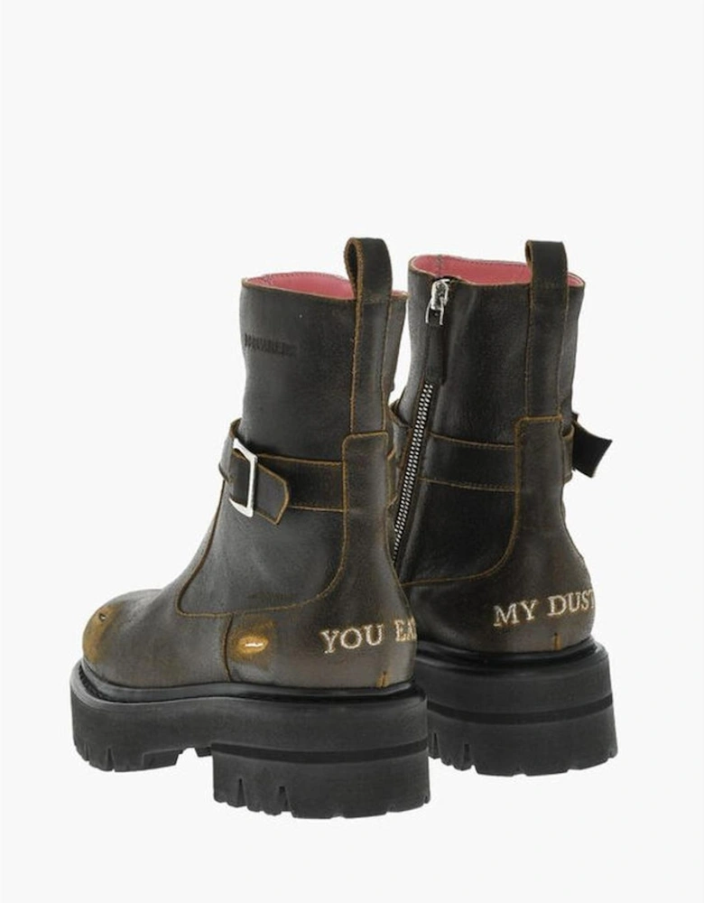 Rugged Sole Buckle Round Toe Boots Women - Brown