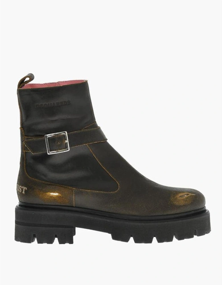 Rugged Sole Buckle Round Toe Boots Women - Brown