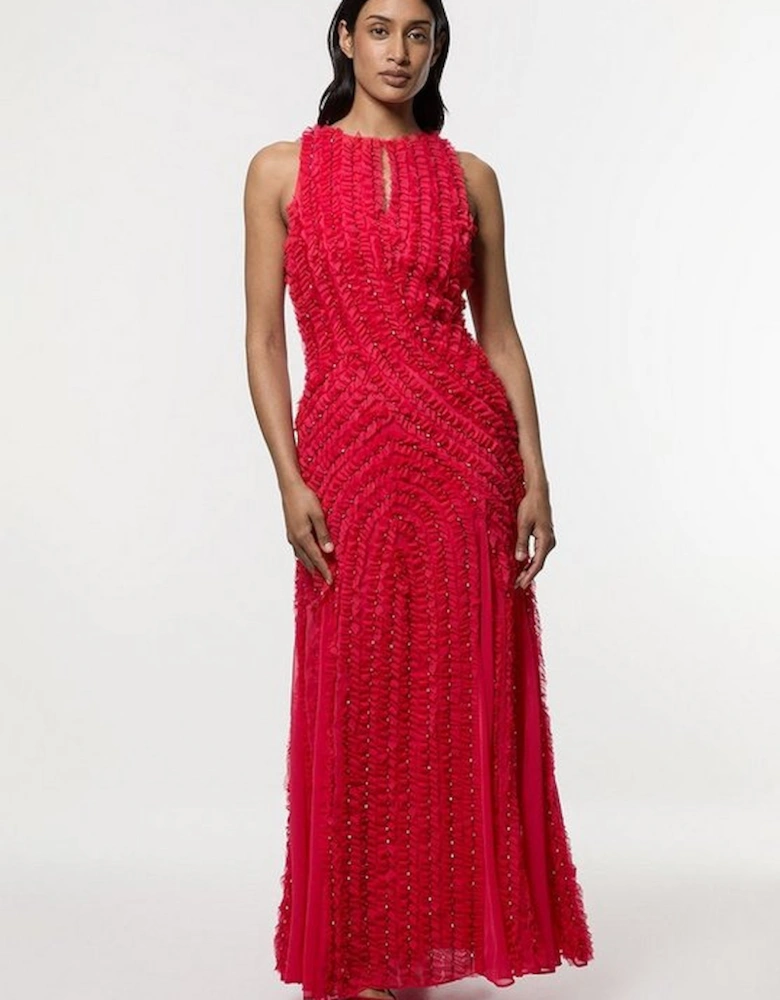 Embellished Ruffle Keyhole Cutout Woven Maxi Dress