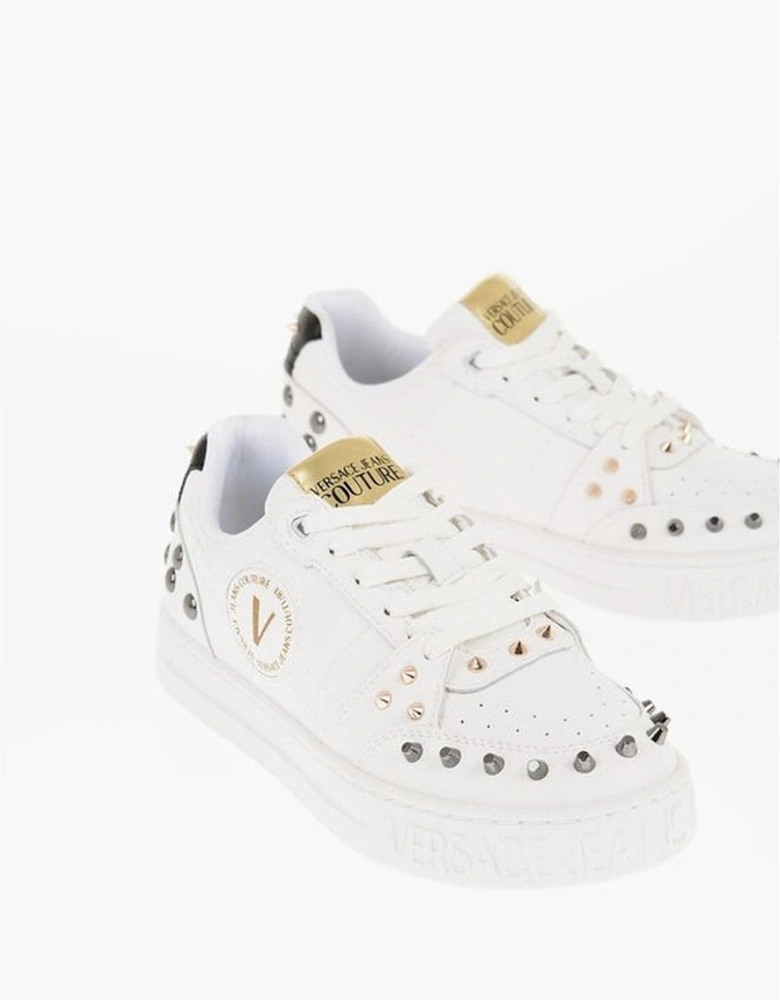 Leather Lace-Up Sneakers with Studded Logo Detailing Women - White