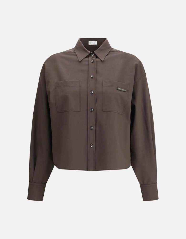 Wool Shirt with Shiny Jewels and Patch Pockets Women - Brown
