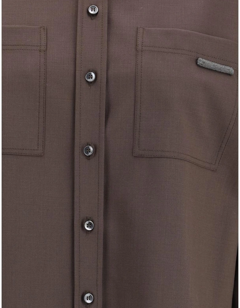 Wool Shirt with Shiny Jewels and Patch Pockets Women - Brown