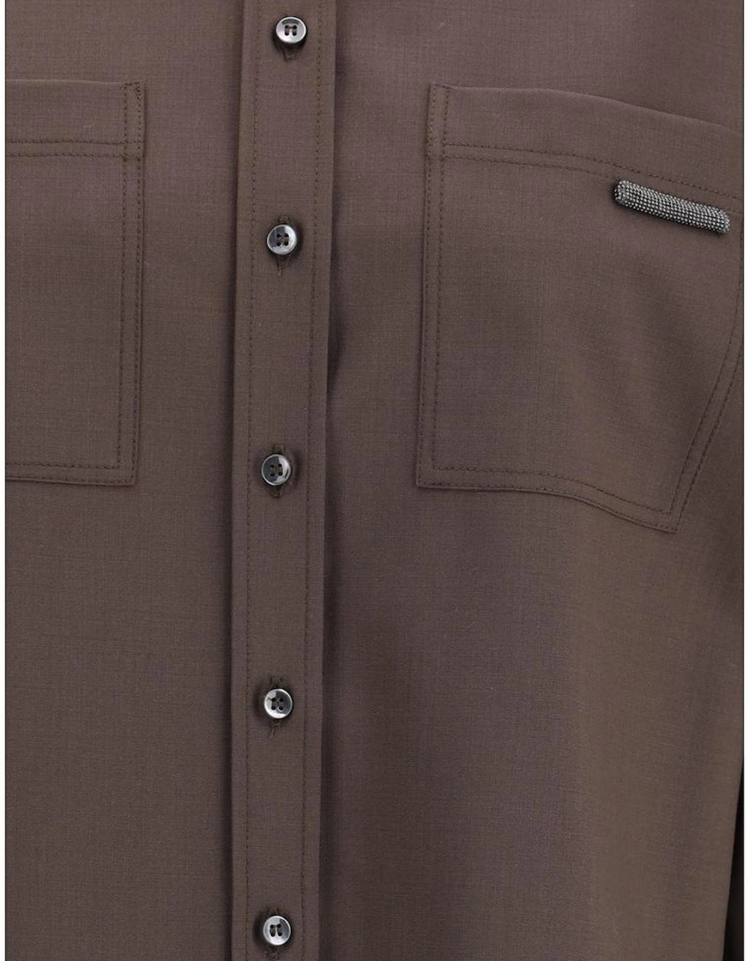 Wool Shirt with Shiny Jewels and Patch Pockets Women - Brown