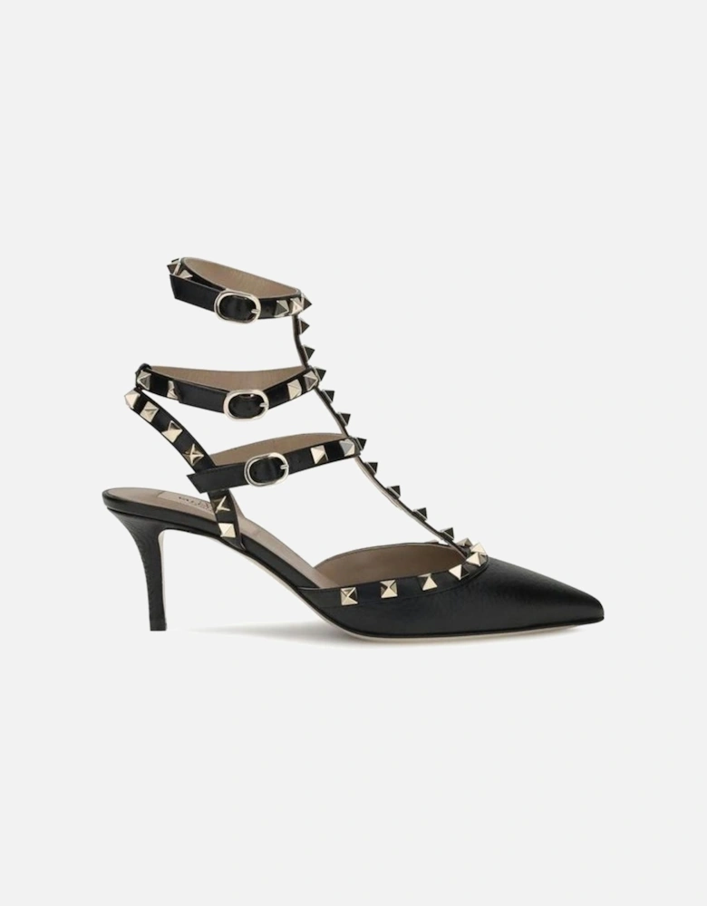 Leather Rockstud Ankle Strap Pumps Women - Black