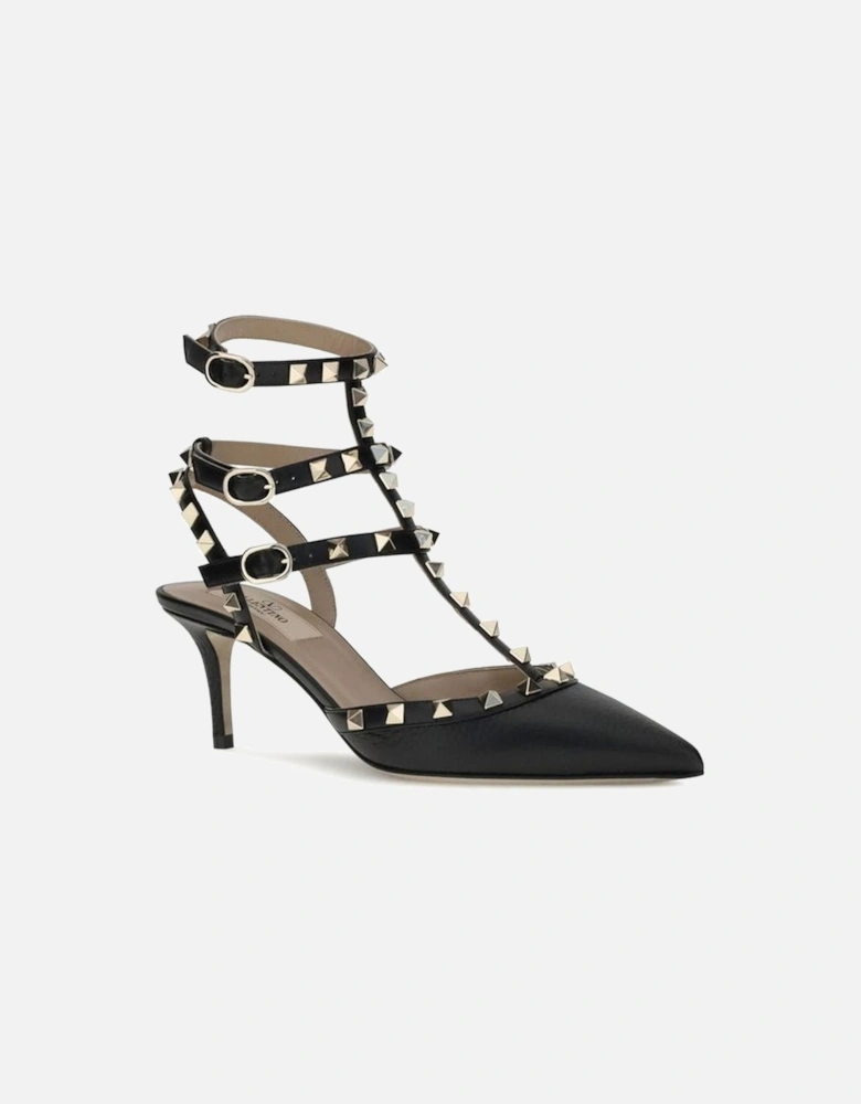 Leather Rockstud Ankle Strap Pumps Women - Black