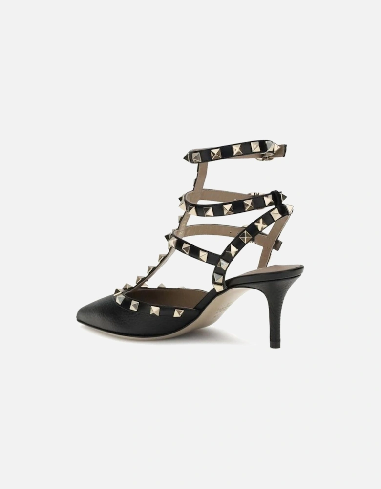 Leather Rockstud Ankle Strap Pumps Women - Black