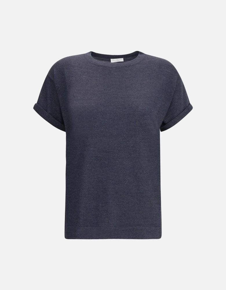 Lurex Shimmering Ribbed Crew Neck T-Shirt Women - Blue