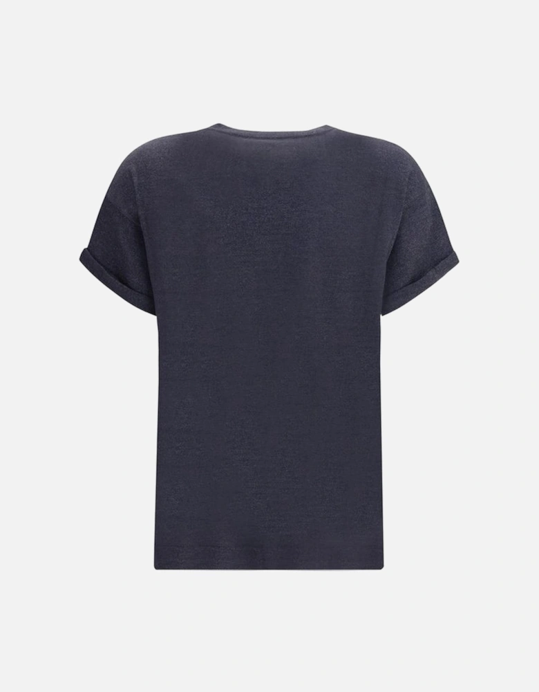 Lurex Shimmering Ribbed Crew Neck T-Shirt Women - Blue