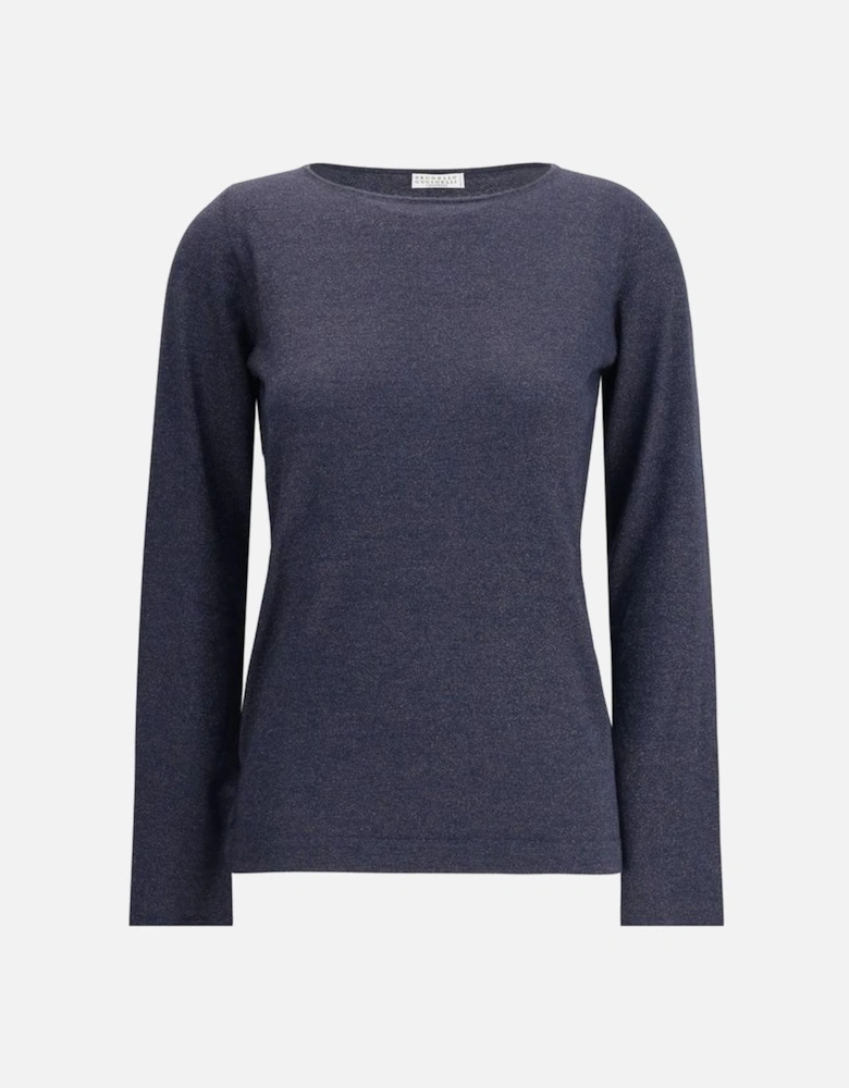 Long-Sleeved Lurex Boat Neck Top Women - Blue T-Shirts