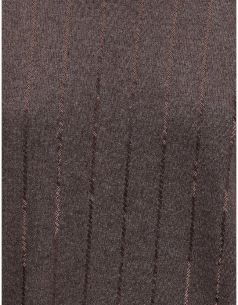 Sequined Vertical Striped Sweater with Ribbed Trim Women - Brown