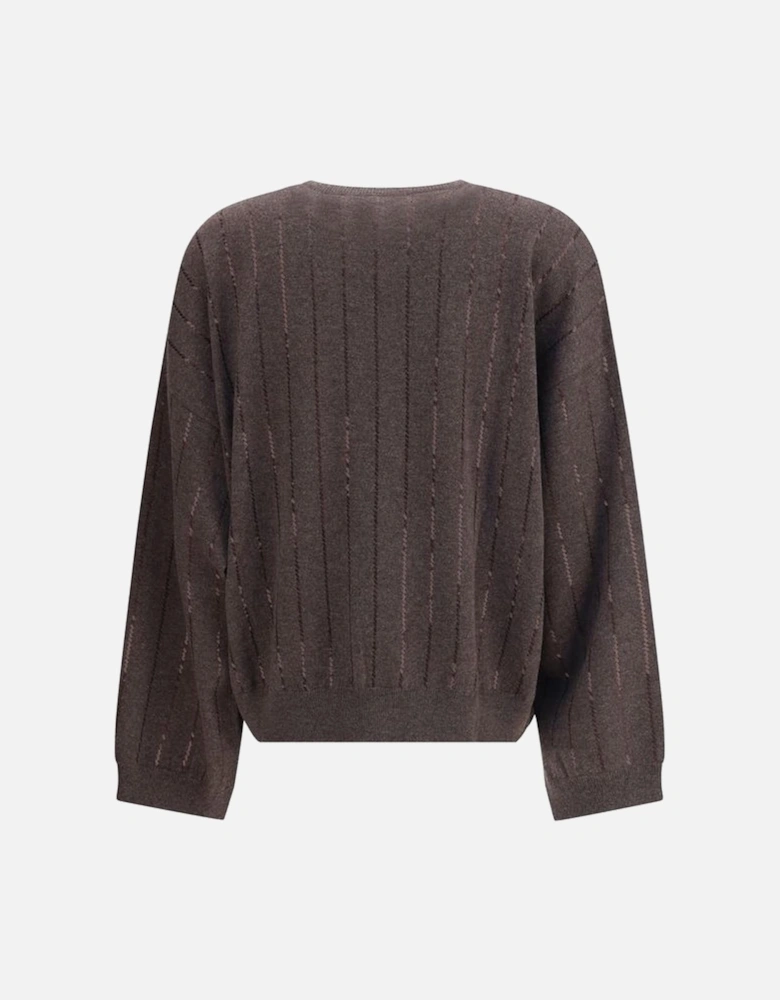 Sequined Vertical Striped Sweater with Ribbed Trim Women - Brown