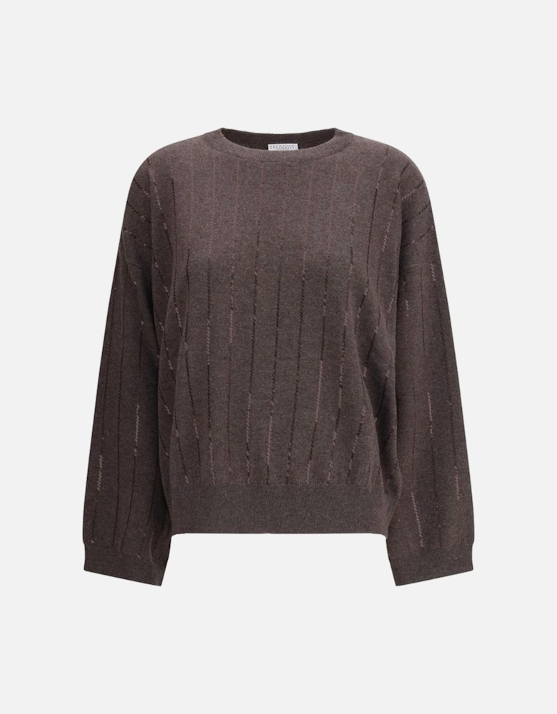 Sequined Vertical Striped Sweater with Ribbed Trim Women - Brown