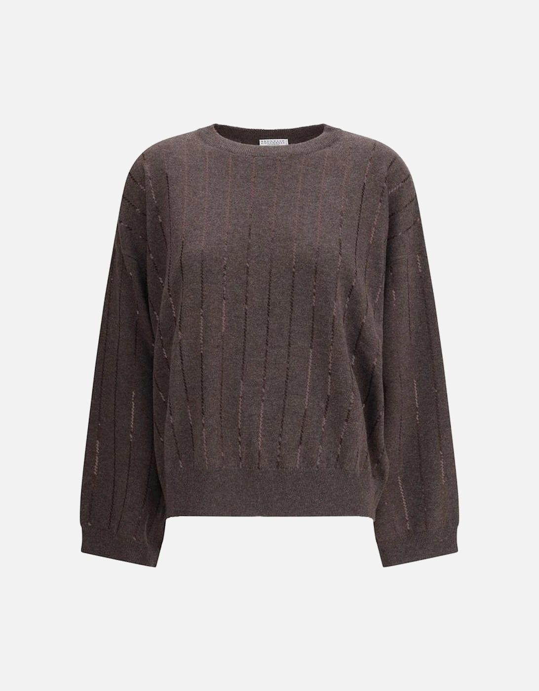 Sequined Vertical Striped Sweater with Ribbed Trim Women - Brown, 4 of 3