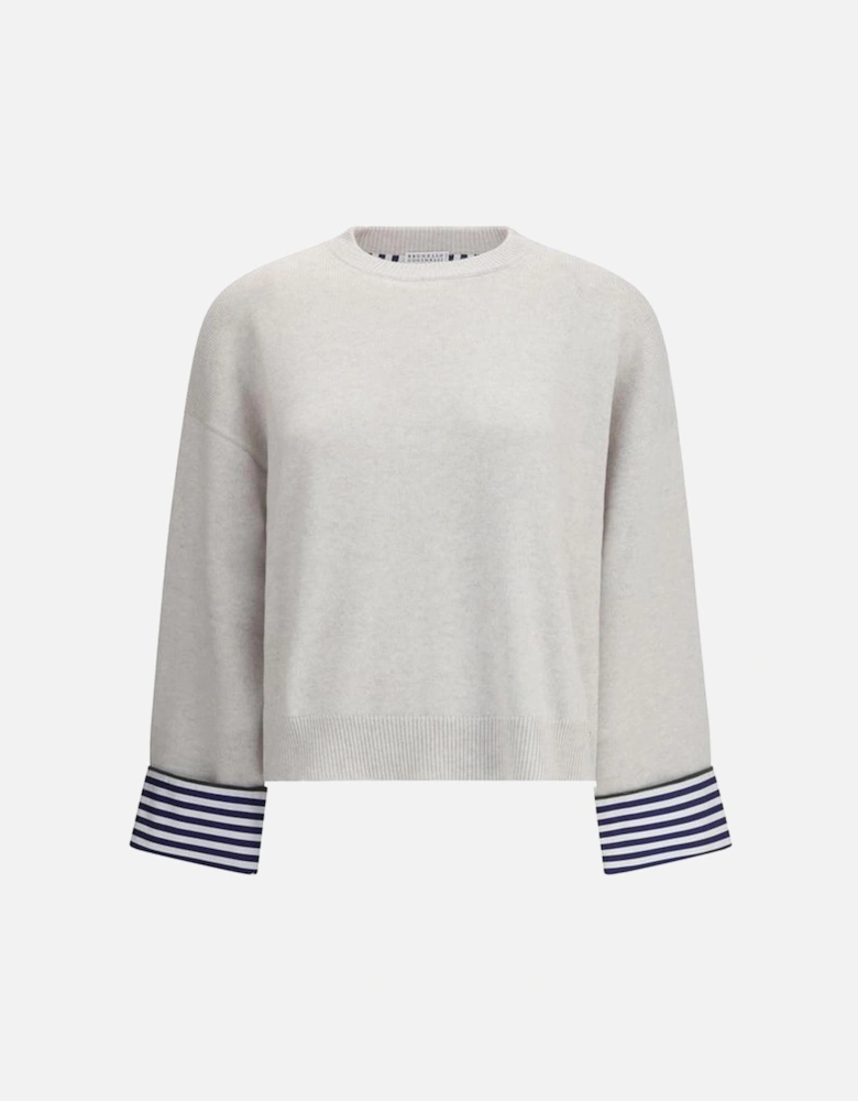 Cashmere Sweater with Ribbed Crew Neck and Jewel Cuffed Sleeves Women