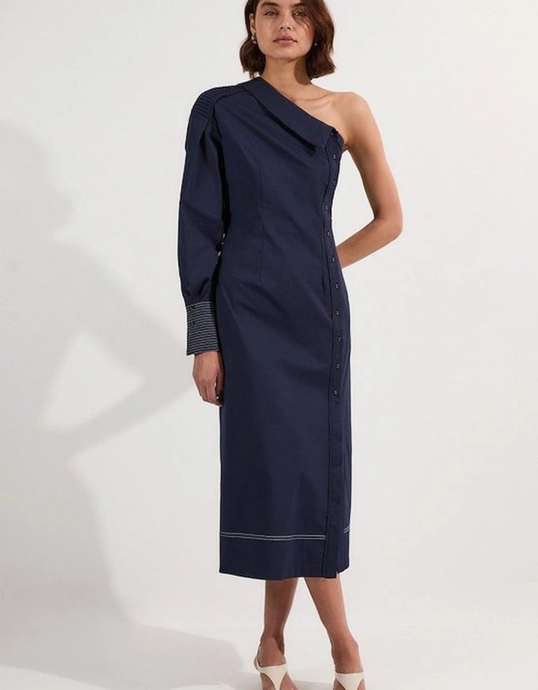 Cotton Poplin Top Stitch Detail One Shoulder Woven Midi Dress