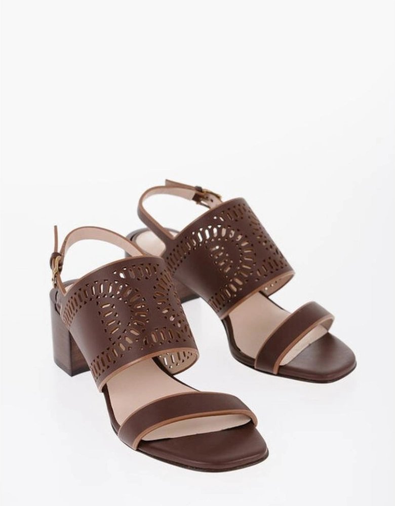 Leather Peep Toe Buckle Fastening Heels Women - Brown Sandals