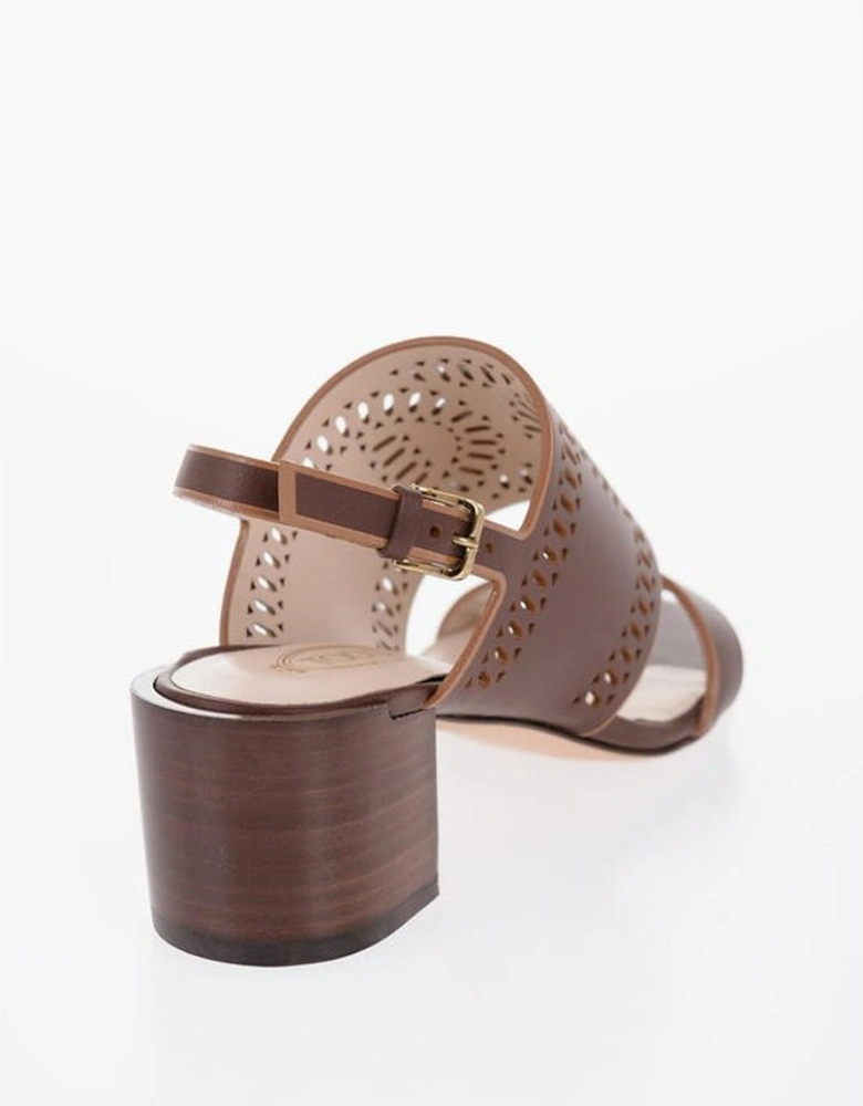 Leather Peep Toe Buckle Fastening Heels Women - Brown Sandals