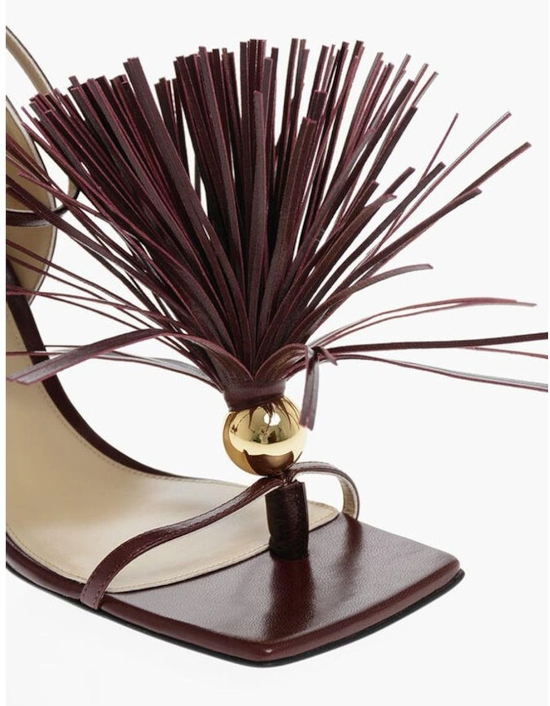 Tassel Detail Peep Toe Leather Stiletto Heels Women - Burgundy Sandals