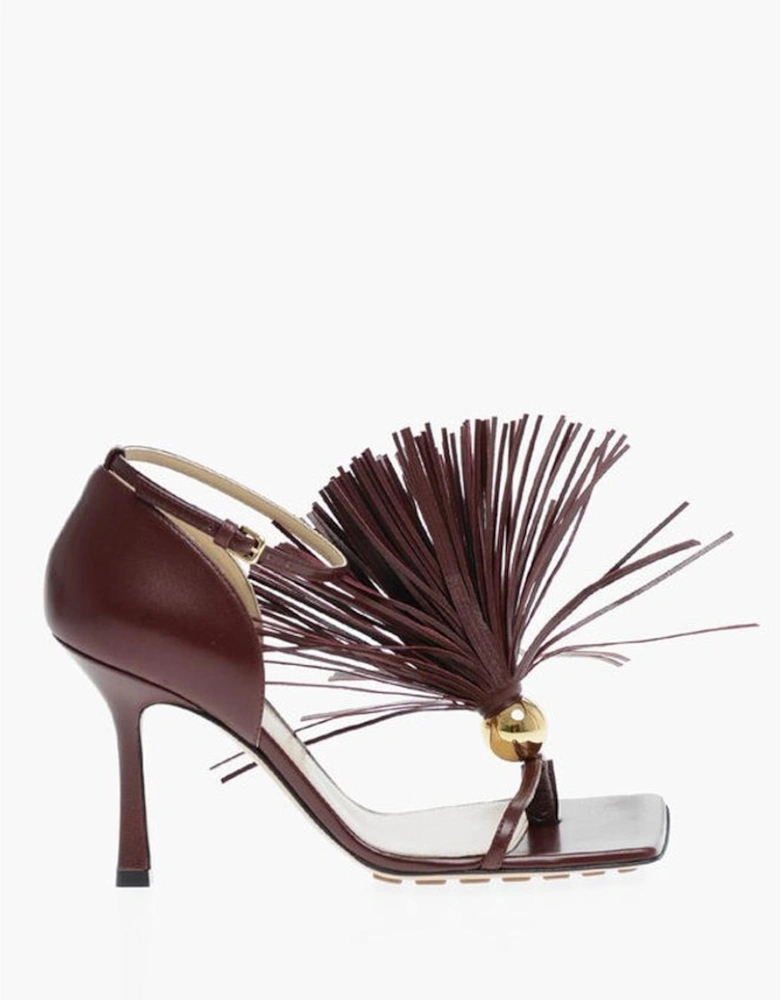 Tassel Detail Peep Toe Leather Stiletto Heels Women - Burgundy Sandals