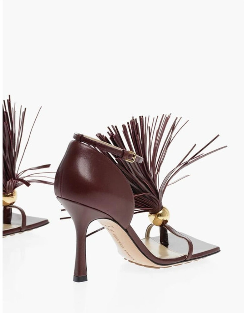 Tassel Detail Peep Toe Leather Stiletto Heels Women - Burgundy Sandals